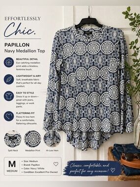 Papillon Navy & White Medallion Print Top Size Medium Hi-Low Blouse